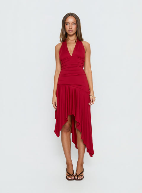 Emara Halter Asymmetrical Midi Dress | Red | Womens | Princess Polly Lower Impact Emara Halter Asymmetrical Midi Dress | Red | Womens | Princess Polly Lower Impact