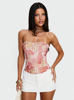 Raynelle Strapless Tie Back Corset Top Pink Multi