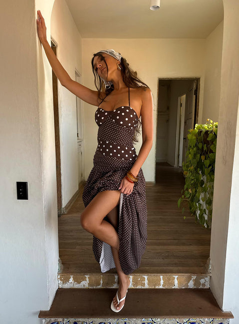 Marguerite Halter Maxi Dress | Brown Polka Dot | Womens