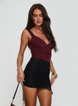 side view of model wearing Princess Polly Morgane Mesh Bodysuit Burgundy Sleeveless 