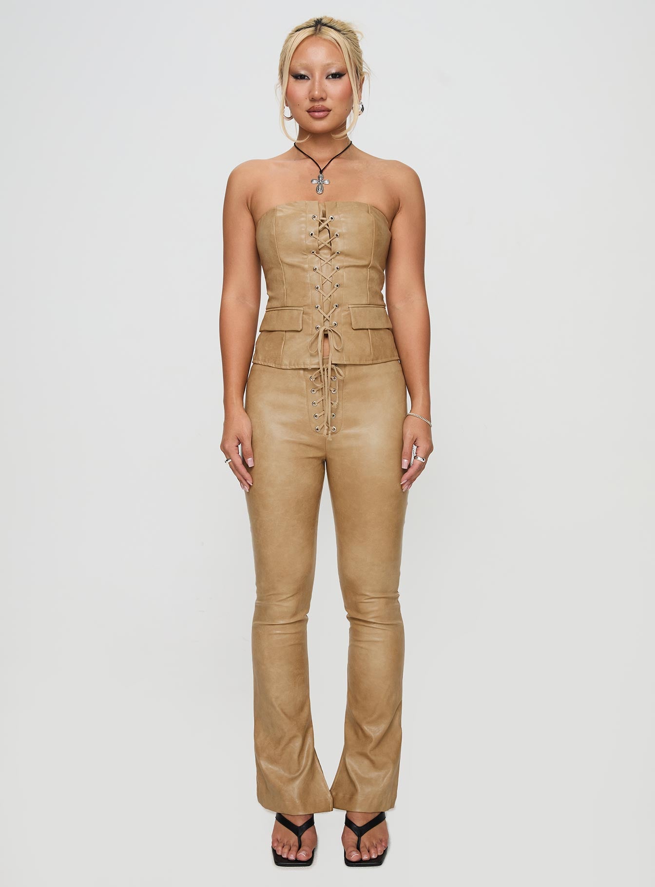 front view of model wearing Princess Polly Roddie Lace Up Pants Brown Low Rise Pants 