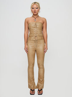 front view of model wearing Princess Polly Roddie Lace Up Pants Brown Low Rise Pants 