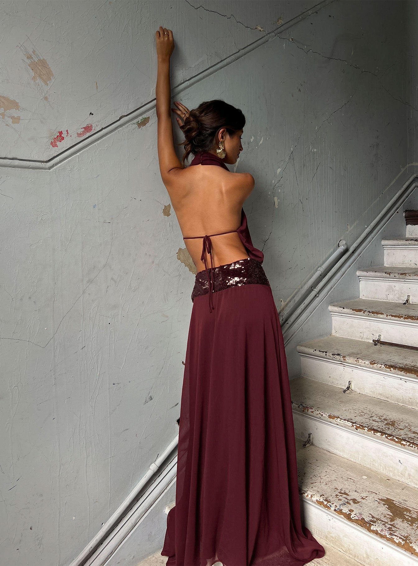 Darwinn Drop Waist Sequin Detail Maxi Dress Burgundy