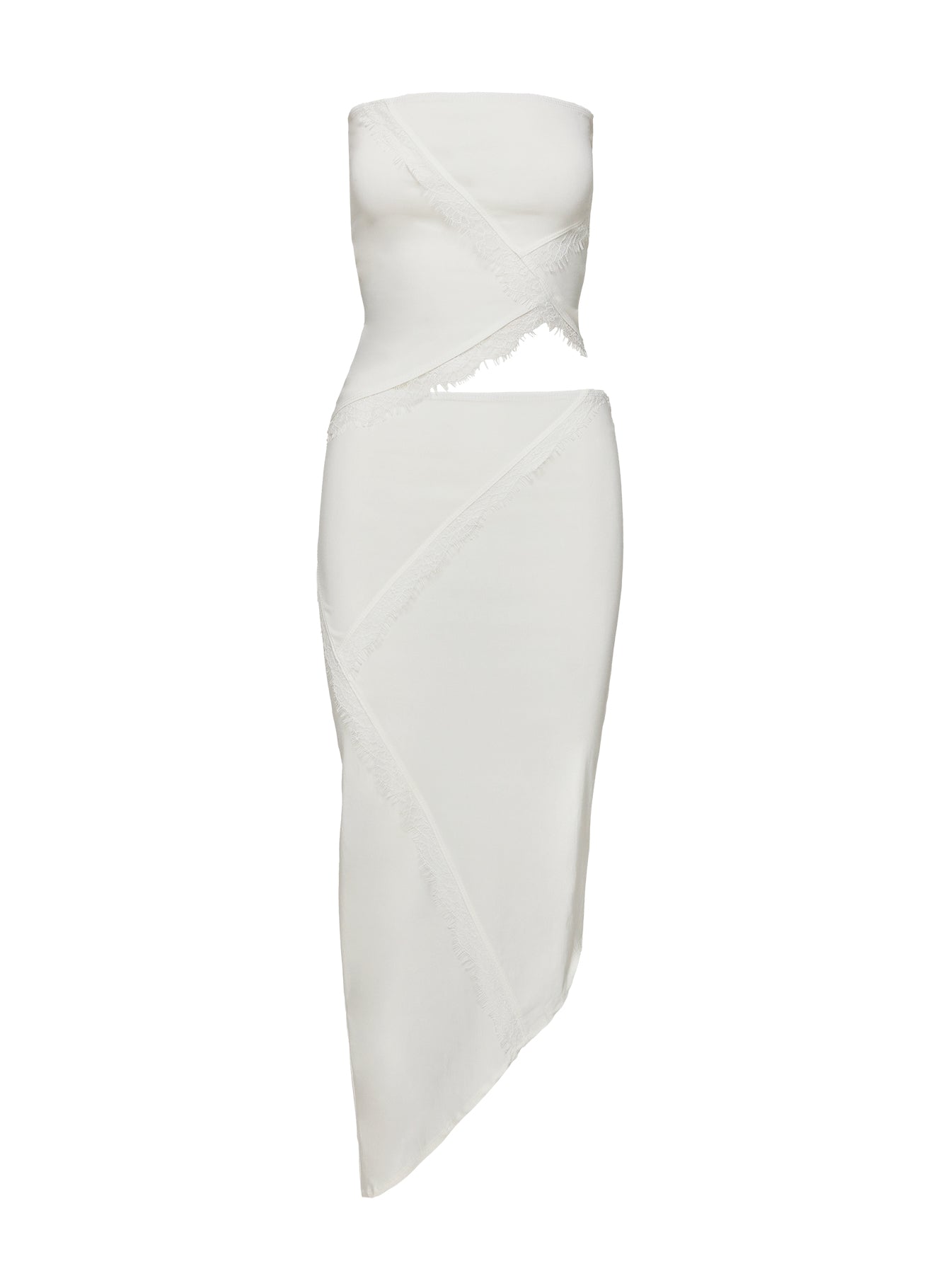 Matching set Strapless style, elasticated bust & waistline, diagonal lace detail, asymmetrical hem Good stretch, unlined 