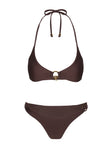 Bikini top Halter style, shine material, tie fastening, gold-toned hardware, clasp fastening at back Good stretch, fully lined