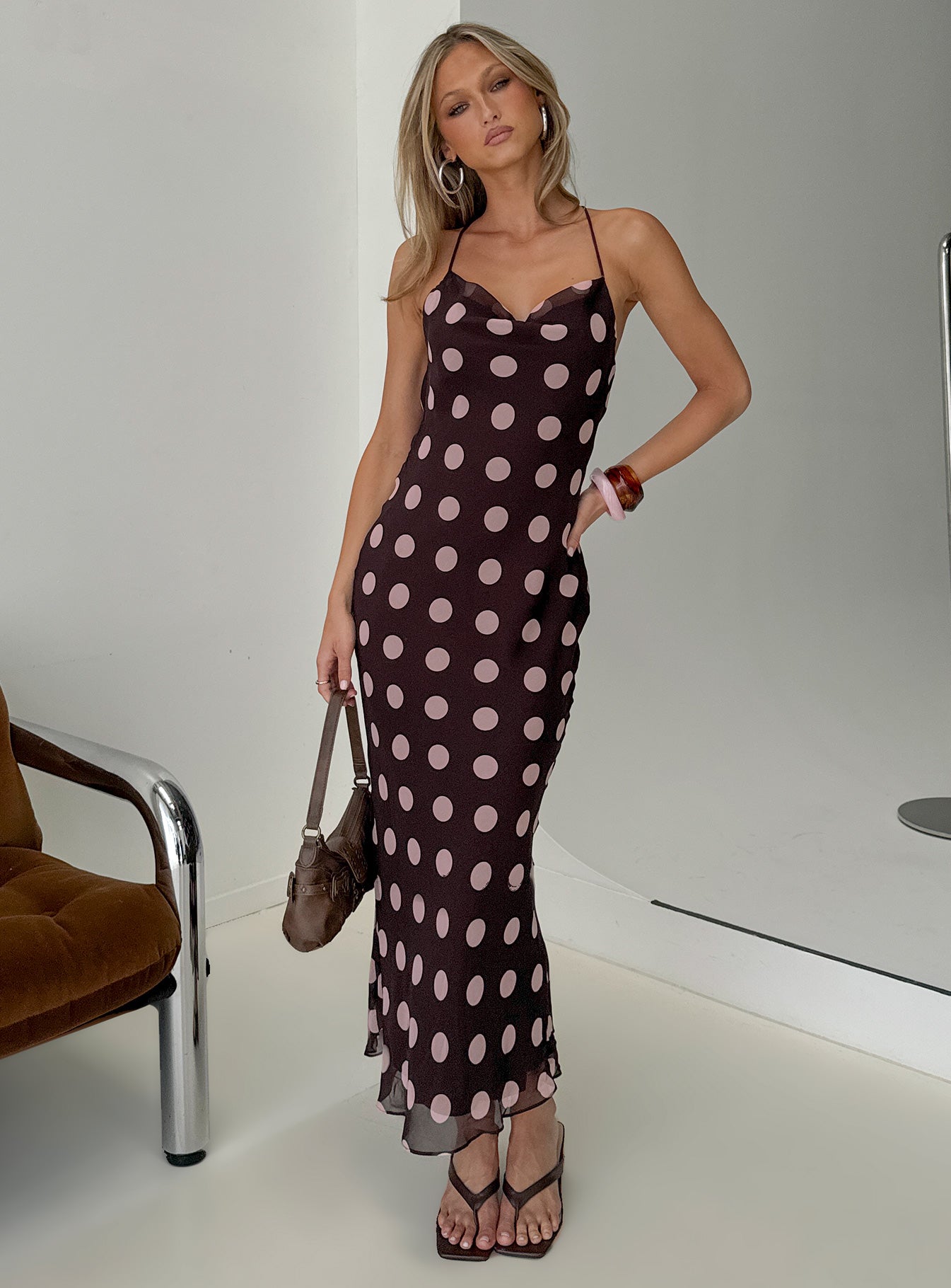 Andreana Low Back Backless Maxi Dress | Burgundy Polka Dot | Womens