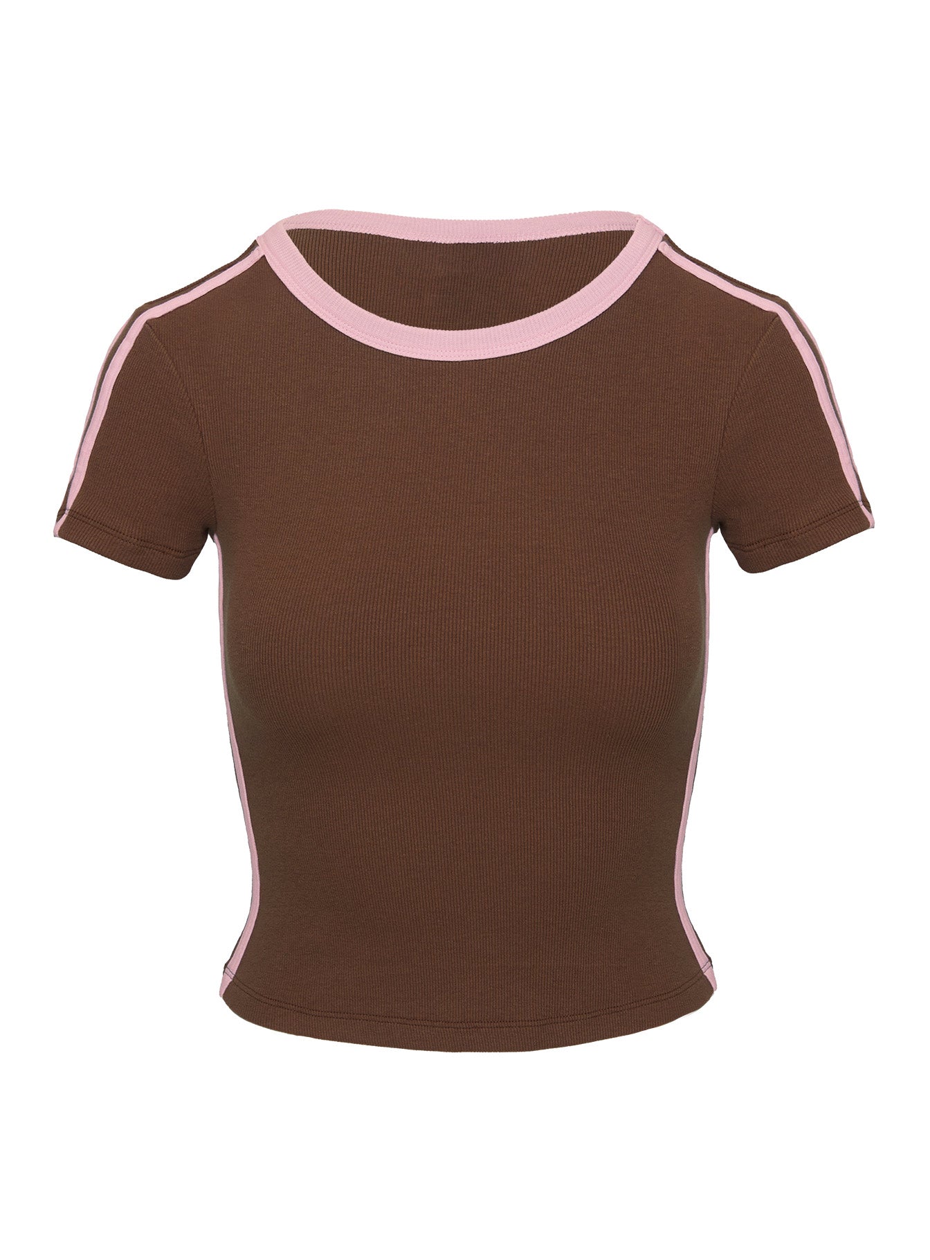 back view of model wearing Princess Polly Baseline Rib Tee Brown / Pink Short Sleeves Crew Neck 