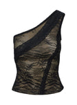 side view of model wearing Princess Polly Bourgeois One Shoulder Lace Top Black Sleeveless Asymmetric Neckline 