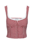 Gingham crop top Fixed shoulder straps, lace trim, button fastening down front, shirred back band Non-stretch material, lined bust
