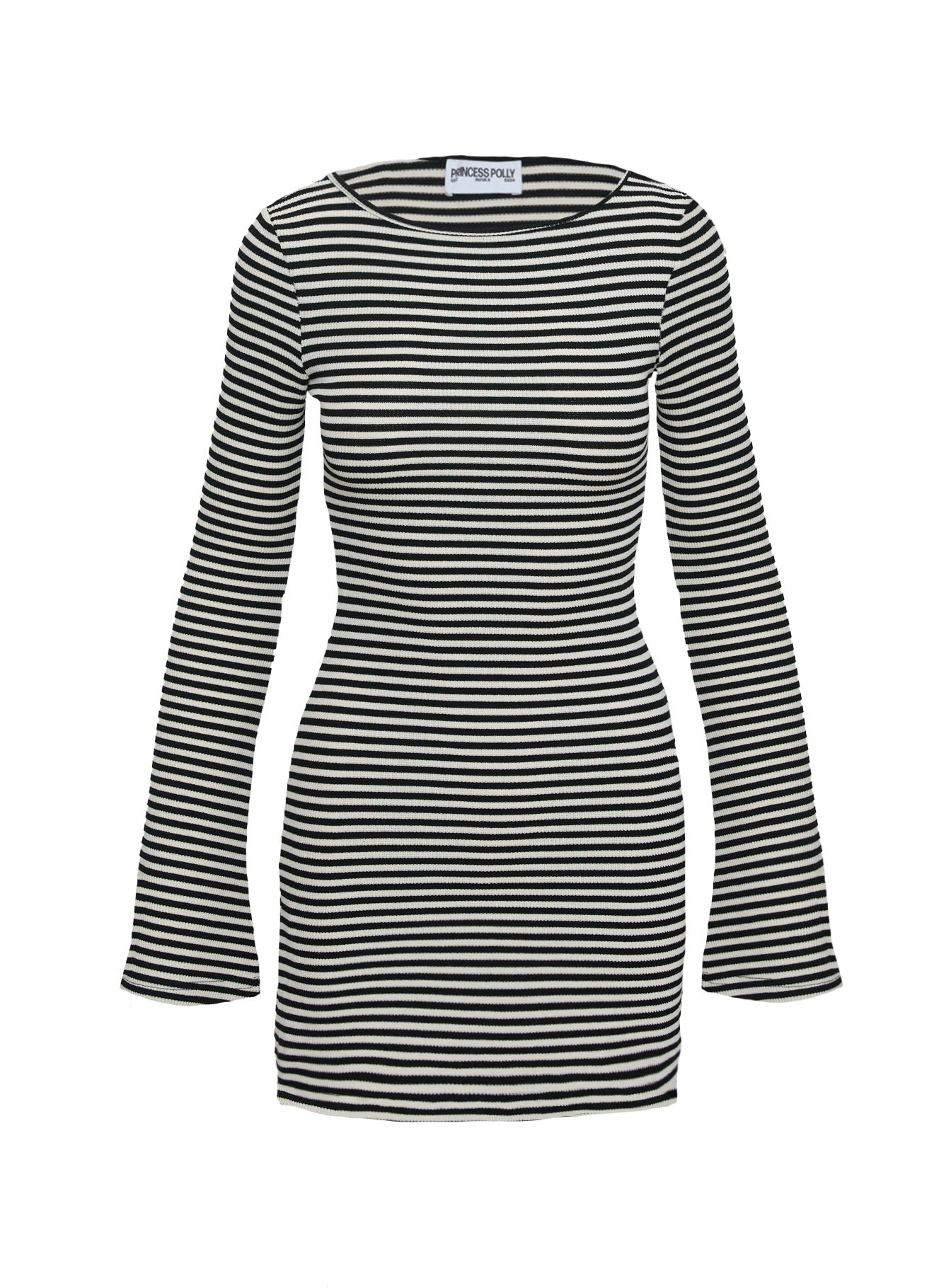 product Princess Polly Bryanna Long Sleeve Mini Dress Black / White Petite Crew Neck 