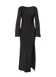 Long sleeve maxi dress Wide neckline, tie fastening at back, low cowl back, flared sleeve, high leg slit Good stretch, unlined 