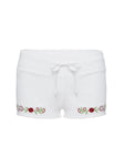 Low rise shorts Thick elasticated waistband, drawstring with tie fastening, embroidered graphic Slight stretch, unlined 