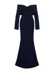 back view of model wearing Princess Polly Cecilia Off The Shoulder Maxi Dress Navy V-Neck 