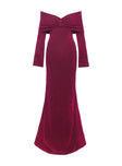 back view of model wearing Princess Polly Cecilia Off The Shoulder Maxi Dress Wine V-Neck 