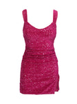 side view of model wearing Princess Polly Centerfold Sequin Mini Dress Pink Sweetheart Neckline 