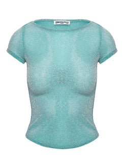 back view of model wearing Princess Polly Crystal Clear Mesh Top Aqua Short Sleeves High Neck 