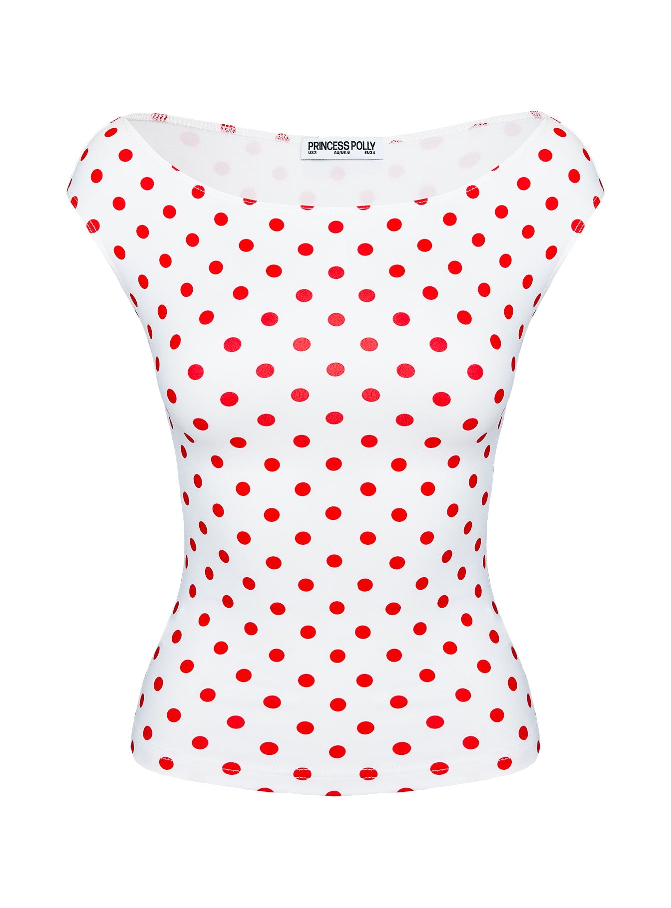 side view of model wearing Princess Polly Cheirosa Off Shoulder Top White / Red Short Sleeves straight 