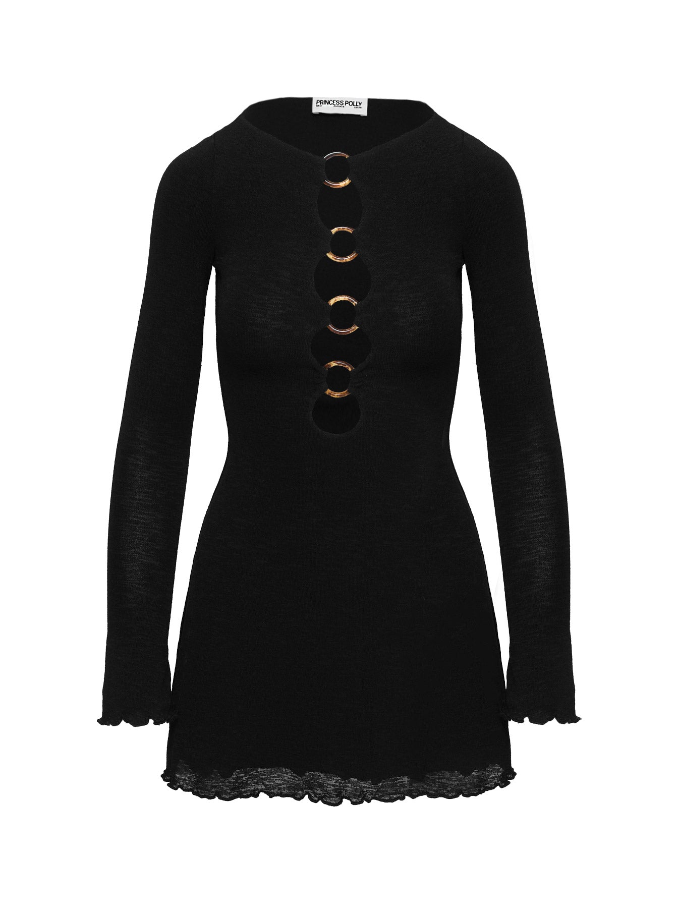 back view of model wearing Princess Polly Dejonge Ring Mini Dress Black Petite Crew Neck 