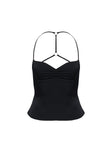 back view of model wearing Princess Polly Floresta Razor Back Halter Top Black Sleeveless Plunger 