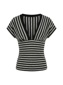 Eleanorre Batwing V Neck Top Grey Stripe