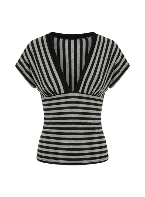 Eleanorre Batwing V Neck Top Grey Stripe