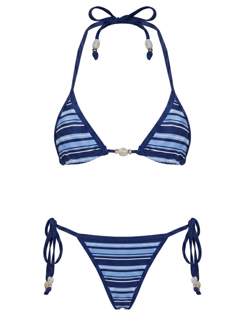 Mikaya Beaded Tie Side Bikini Bottoms Navy Stripe