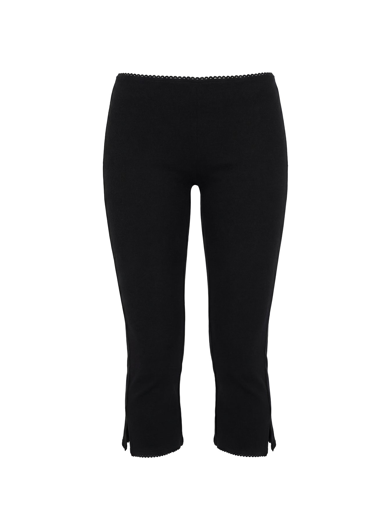 side view of model wearing Princess Polly Baseline Rib Capri Pants Black Tall Mid Rise Pants 