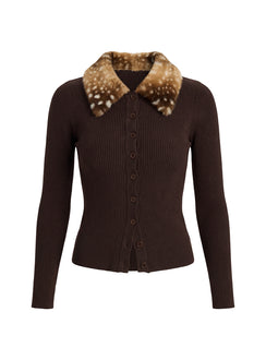 Chiqueeta Faux Fur Trim Knit Cardigan Brown