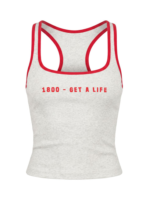 1800 Get A Life Graphic Racer Back Tank Grey / Red