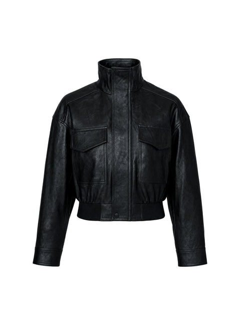 Ace Player Funnel Neck Faux Leather Jacket Black