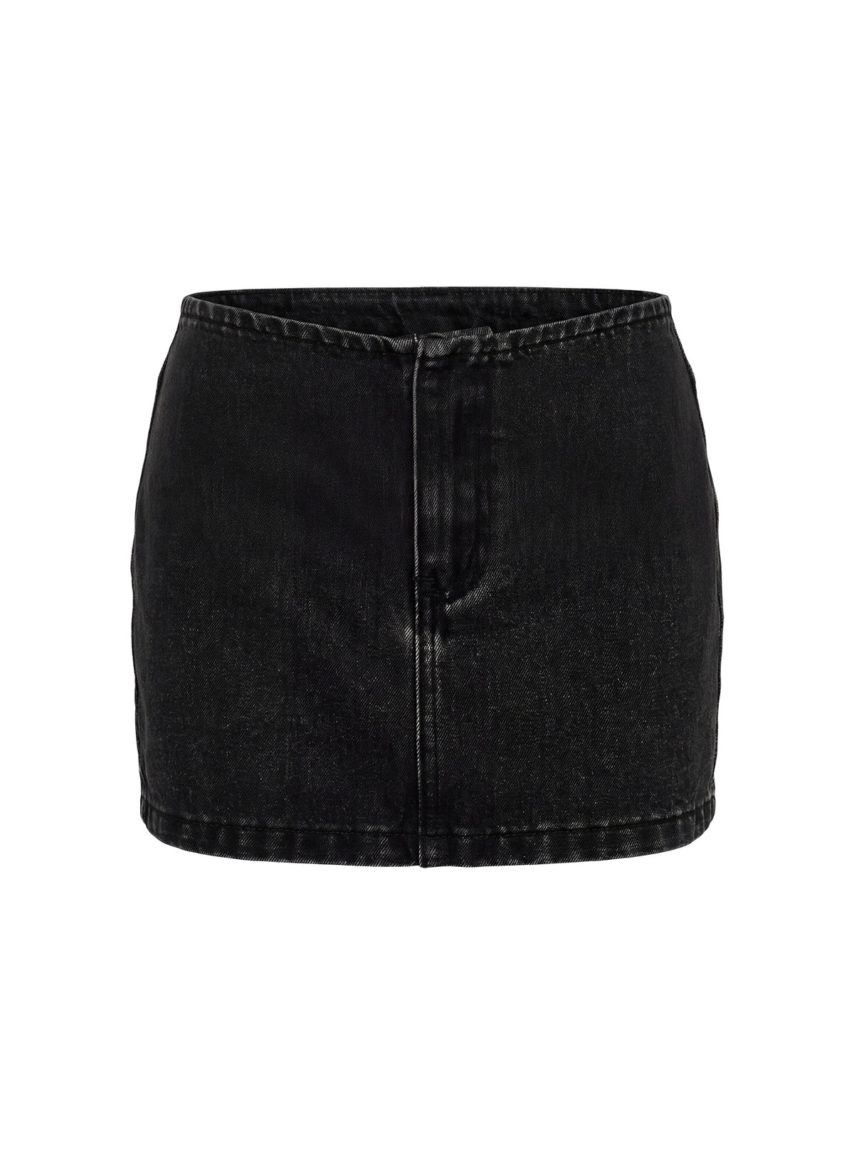 Close-up of the Adoriah No Waist Micro Mini Skirt in Washed Black, highlighting dark wash denim texture with frayed hem detail Princess