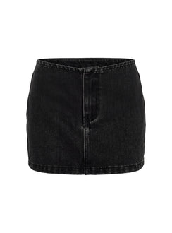 Close-up of the Adoriah No Waist Micro Mini Skirt in Washed Black, highlighting dark wash denim texture with frayed hem detail Princess