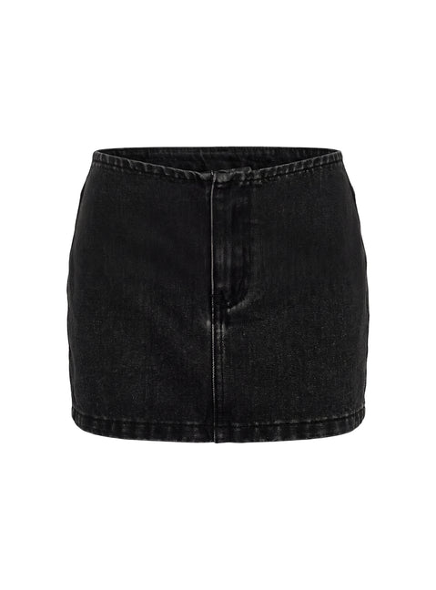 Close-up of the Adoriah No Waist Micro Mini Skirt in Washed Black, highlighting dark wash denim texture with frayed hem detail Princess