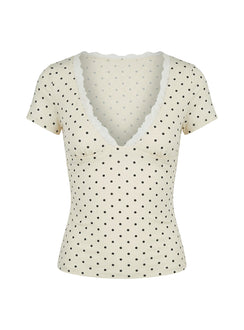 Amia Lace V Neck Top Cream Polka Dot