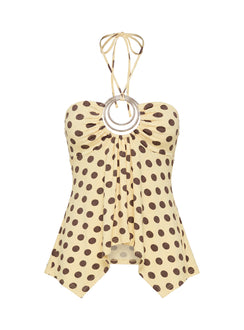 Betsey Ring Detail Tie Neck Top Yellow Polka Dot
