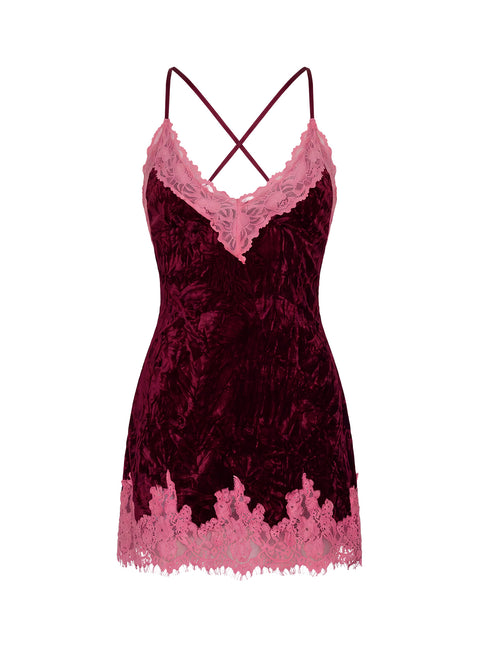 Call My Lover Velvet Lace Slip Mini Dress Plum / Pink