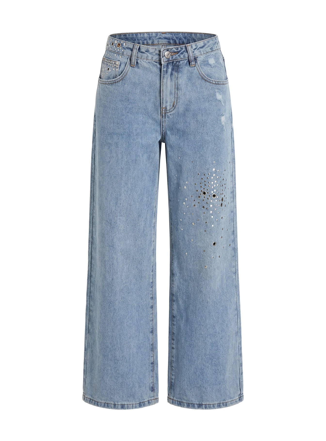 Candi Mid Rise Wide Leg Studded Jeans Light Blue Wash | Princess Polly
