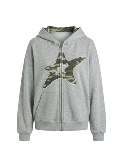 Chelzie Zip Through Graphic Hoodie Grey Marle / Camo