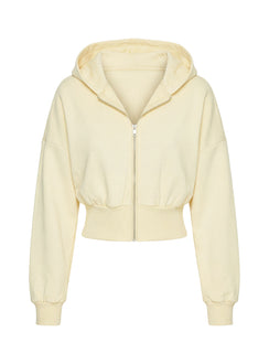back view of model wearing Princess Polly Daytime Cropped Blouson Hoodie Buttercream Cropped Jumpers 
