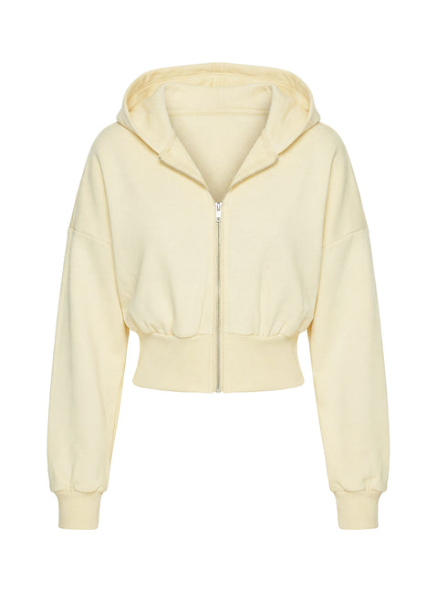 back view of model wearing Princess Polly Daytime Cropped Blouson Hoodie Buttercream Cropped Jumpers 