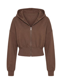 back view of model wearing Princess Polly Daytime Cropped Blouson Hoodie Cocoa 