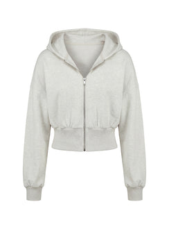 back view of model wearing Princess Polly Daytime Cropped Blouson Hoodie Snow Marle 