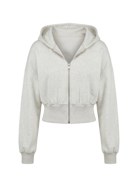 back view of model wearing Princess Polly Daytime Cropped Blouson Hoodie Snow Marle 
