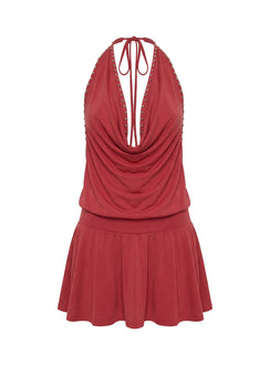 Khoda Studded Halter Mini Dress Burgundy