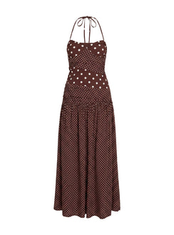 Marguerite Halter Maxi Dress Brown Polka Dot