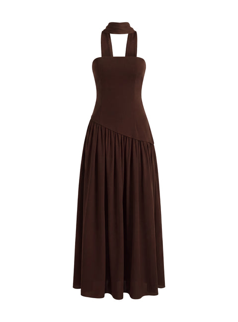 Odela Strapless Scarf Drop Waist Maxi Dress Chocolate