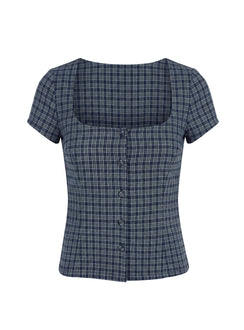 The Real Her Scoop Neck Top Navy Check