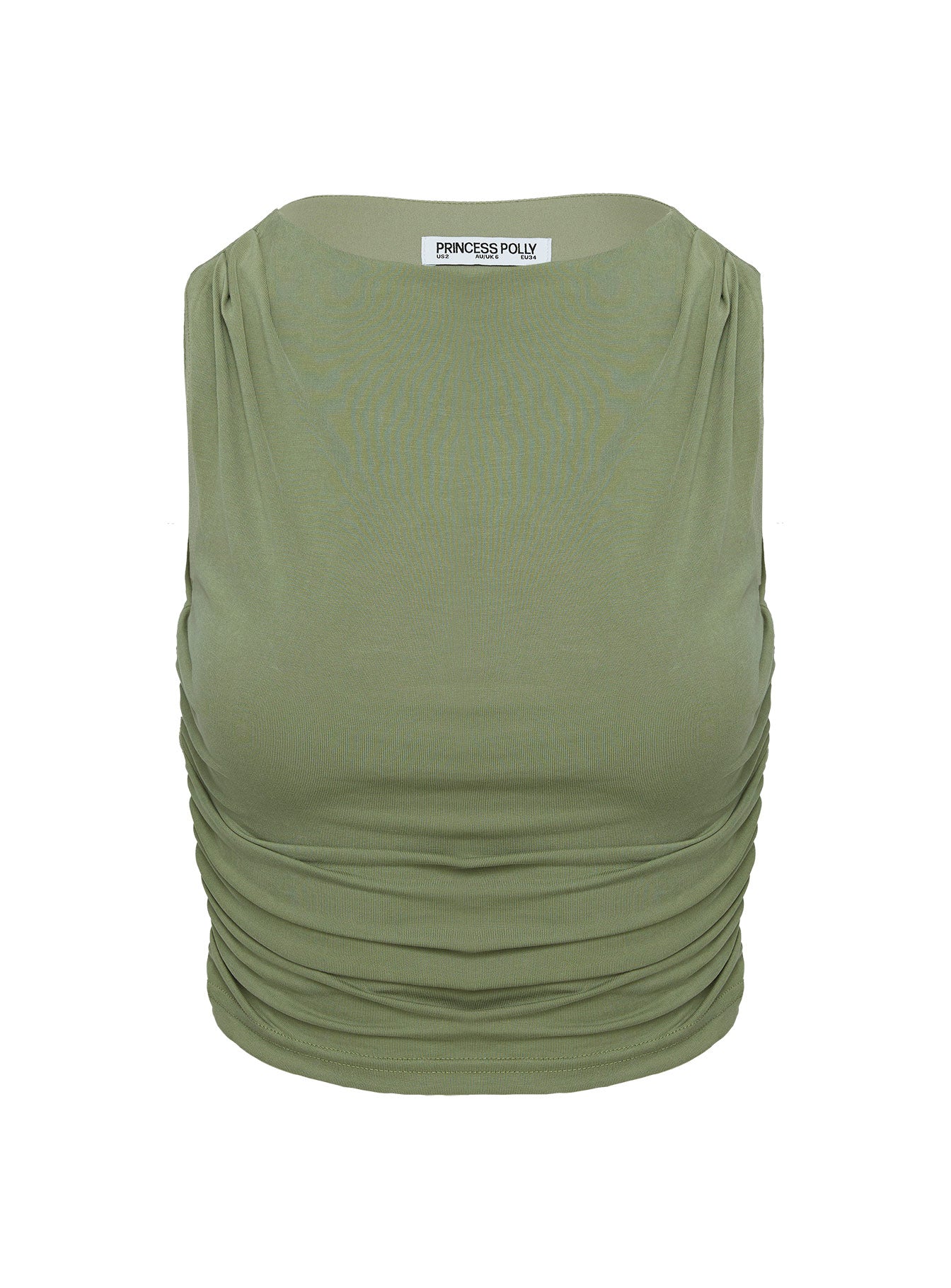back view of model wearing Princess Polly Hold Em High Neck Top Green Sleeveless Crew Neck 