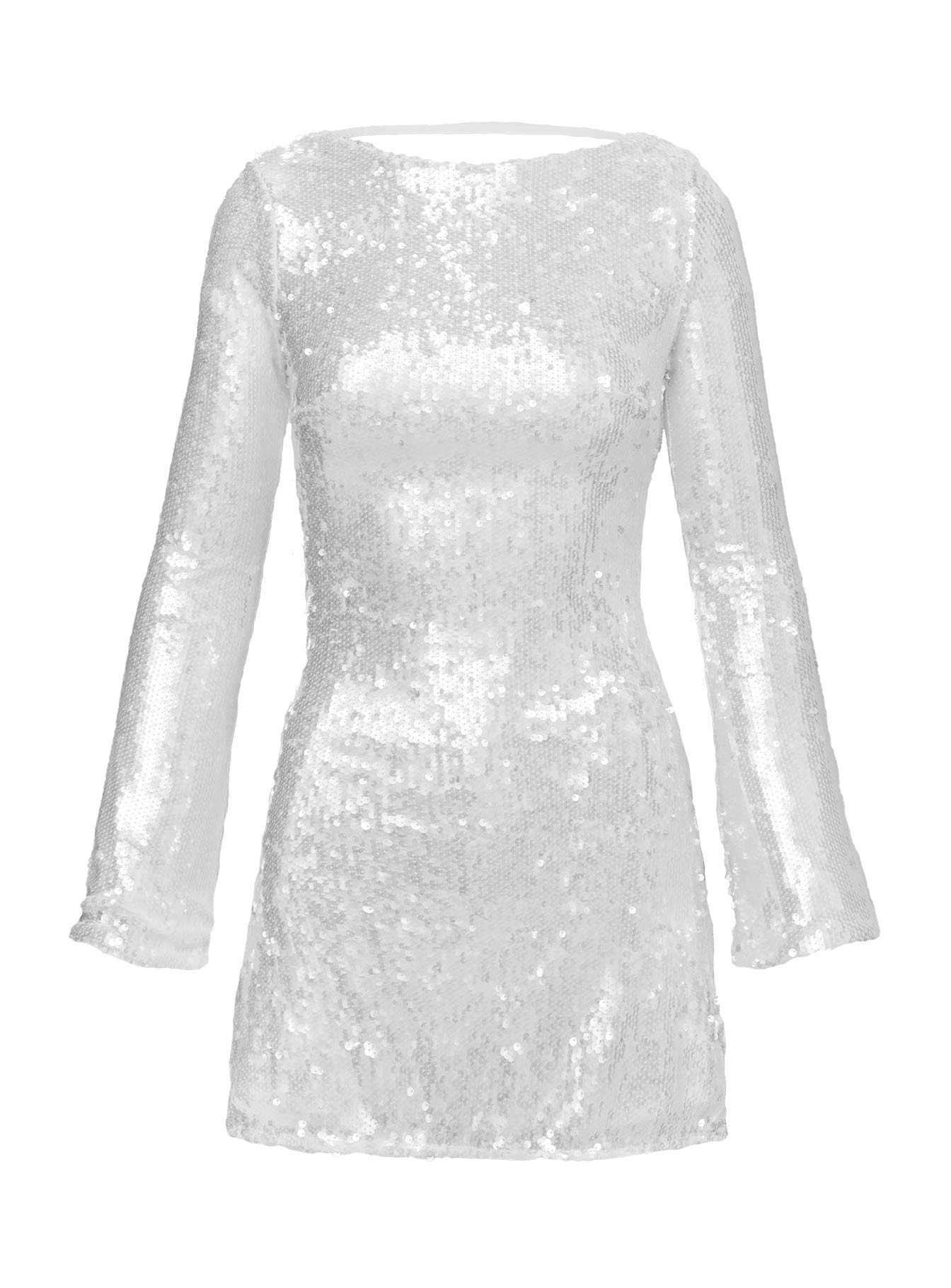 side view of model wearing Princess Polly Interstella Sequin Long Sleeve Mini Dress White Boat Neck 