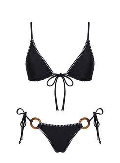 In The Sand Tie Front Ring Detail Bikini Top Black